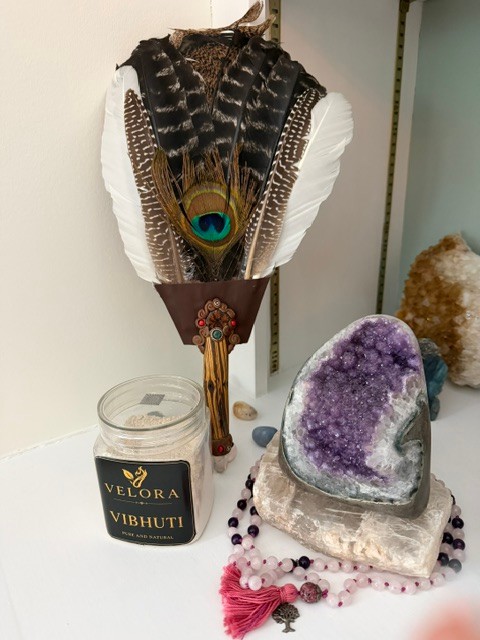 Melinda’s ceremonial feather fan and sacred ash
